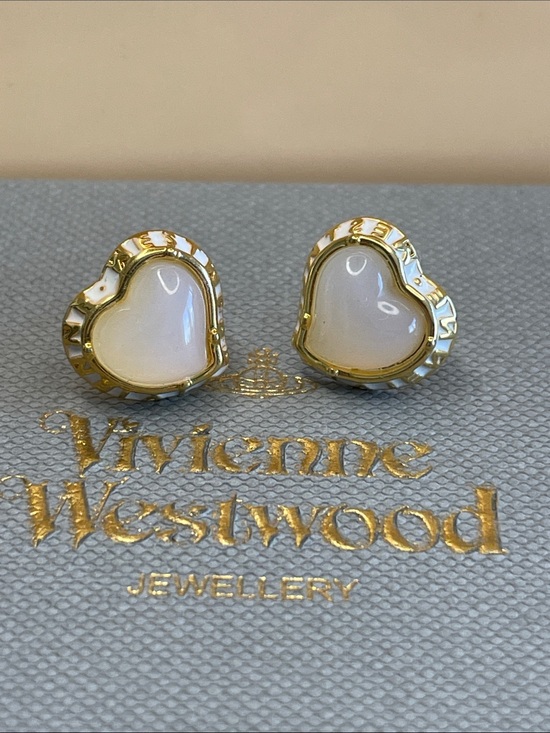 Vivienne Westwood Jewelry - Vivienne Westwood Cream Enamel Heart Orb Stud Earrings Gold Tone Y2K